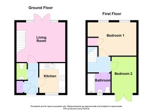 Two-storey floor plan with kitchen and bedrooms.