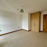 Empty room with beige carpet and wooden wardrobe.