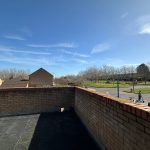 Suburban street view with trees and houses.