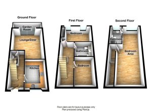 Three-storey house floor plan with labelled rooms.