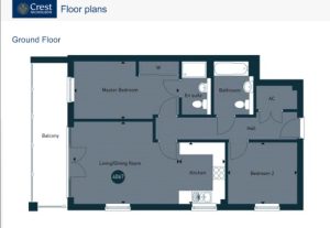 Ground floor two-bedroom flat layout with balcony.