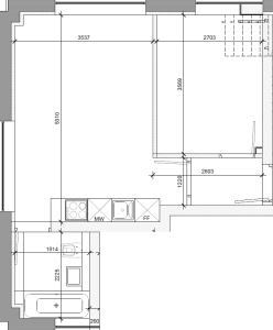 Floor plan layout with kitchen and bathroom dimensions.