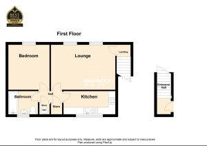 First floor plan: bedroom, lounge, kitchen, bathroom.