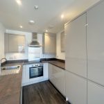 Modern kitchen with grey cabinets and sleek finish