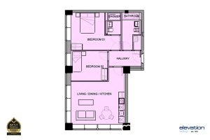 Two-bedroom flat floor plan with living area.