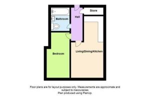 Single-bedroom flat layout with bathroom and kitchen.