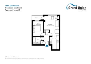 1-bedroom apartment layout with dimensions and features.