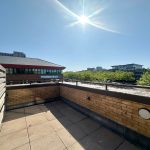Sunny rooftop view with office building.