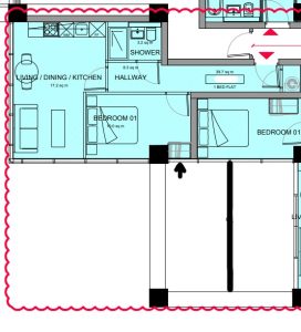 One-bedroom flat floor plan with kitchen and bathroom.