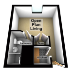 3D floor plan with open-plan living area.
