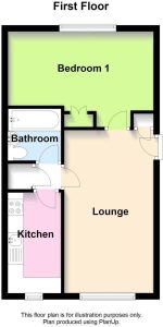 First floor plan with bedroom, bathroom, kitchen, lounge.