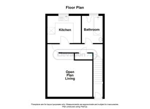 Floor plan with kitchen, bathroom, open living area.