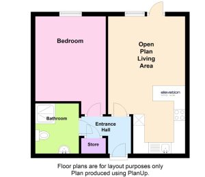 One-bedroom flat floor plan with open living area.