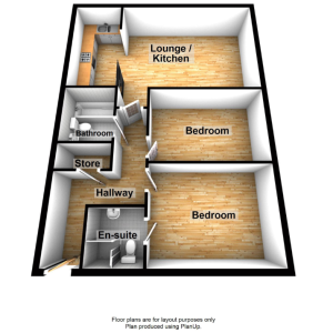 3D floor plan with two bedrooms, bathroom, and kitchen.