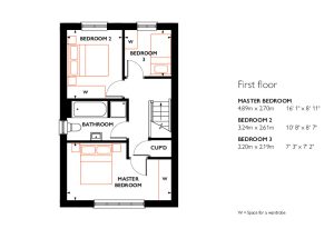 First floor house plan with three bedrooms.