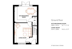 Ground floor house plan with kitchen and living room.