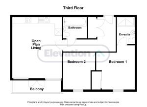 Third floor flat layout with balcony and two bedrooms.