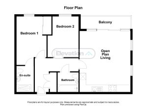Two-bedroom flat floor plan with balcony.