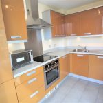 Modern kitchen with orange cabinets and appliances.
