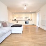 Modern open-plan kitchen and living room with sofa.