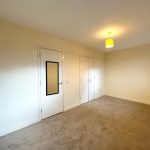 Empty room with beige carpet, white door, ceiling light.