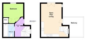 Two-storey flat layout with balcony and stairs.