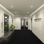 Modern building interior with plants and mirrors