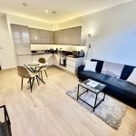 Modern open-plan kitchen with dining and living area.