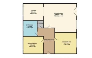Flat floor plan with two bedrooms and lounge.