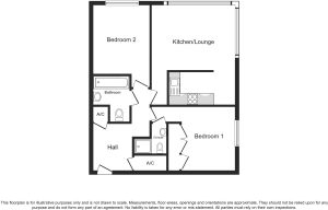 Two-bedroom flat floor plan with kitchen and bathrooms.