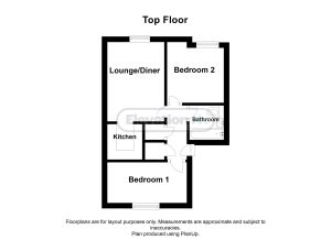Top floor layout with two bedrooms, kitchen, bathroom.
