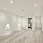 Modern empty room with wooden flooring and bathroom