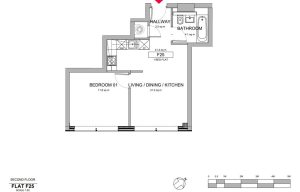 One-bedroom flat floorplan with bathroom and kitchen.