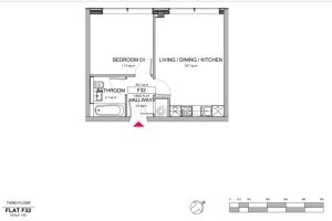 Floor plan of Flat F32 with dimensions.