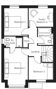 Four bedroom floor plan with bathroom layout.