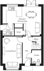 Ground floor home layout plan with rooms labeled.