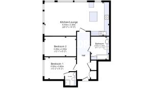 Two-bedroom flat floor plan with kitchen and bathroom.