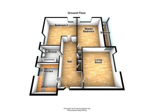 3D floor plan with rooms and balcony.
