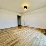 Empty room with wooden floor and light fixture.