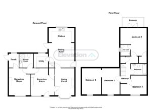 House floor plan with three bedrooms, two bathrooms.