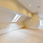 Bright attic room with skylight window and storage.