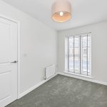 Empty bright room with carpet and window blinds.