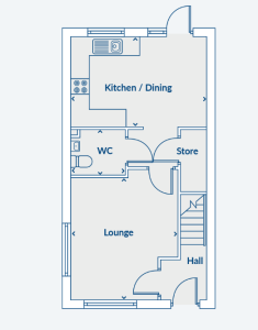 Ground floor house plan with kitchen and lounge.