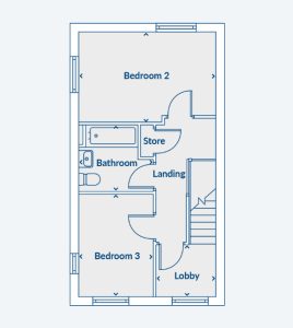 Second floor plan with bedrooms and bathroom layout.