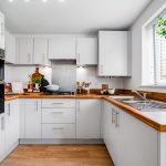 Modern white kitchen with wooden worktops