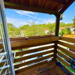 Sunny balcony view of trees and houses.