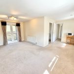 Spacious living room with carpet and large windows.