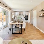 Modern dining and kitchen area with wooden flooring