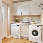 Modern utility room with washing machine and dryer.