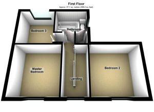 3D layout of first-floor bedrooms and bathroom.